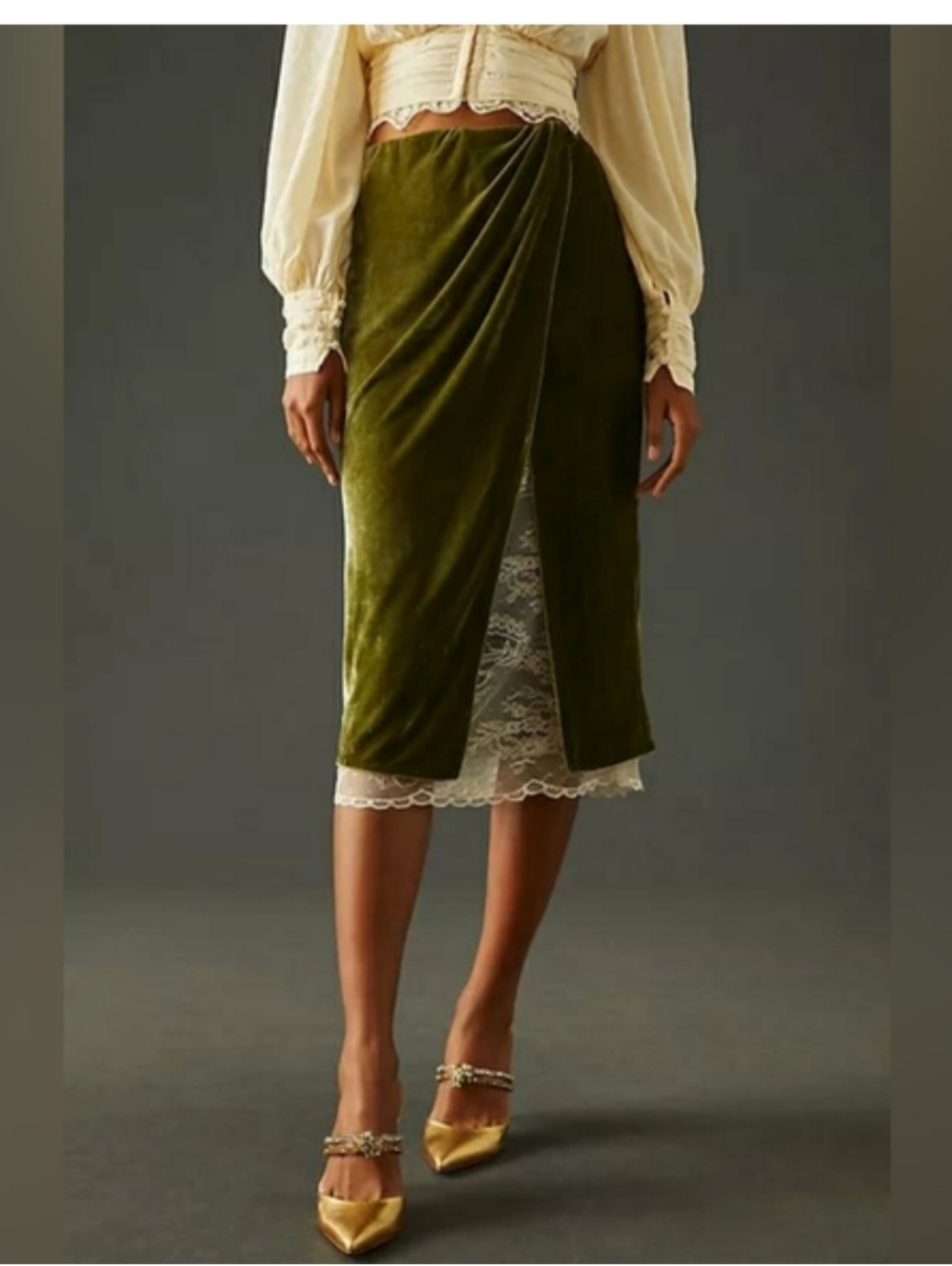 NWT Anthropologie Olive Green Velvet Midi Skirt with Lace Trim-size Large